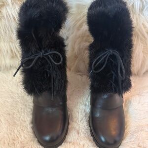 L'Amour Des Pieds Black Leather Booties with Rabbit Fur